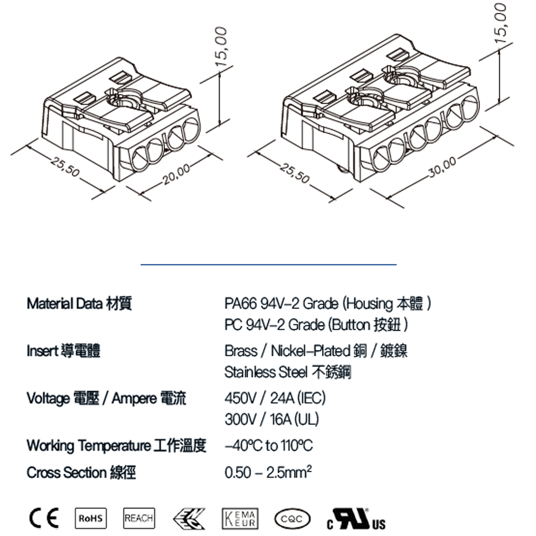 3-Pin Kompakter Push-In Hebelverbinder – Schnellverbindungs-Klemmenblock für 0,5–2,5mm² Kabel, 24A 450V