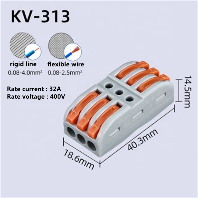KV313-O 3 In 3 Out 32A 400V Kompakter Spleiß Push-Drahtverbinder mit orangem Griff für Autoelektrische Klemmenblockanwendungen